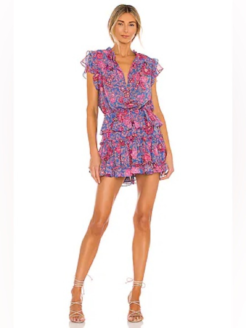 Misa Revolve Lillian Dress Night Blooms Size L Summer Mini Tiered Ruffle Concert